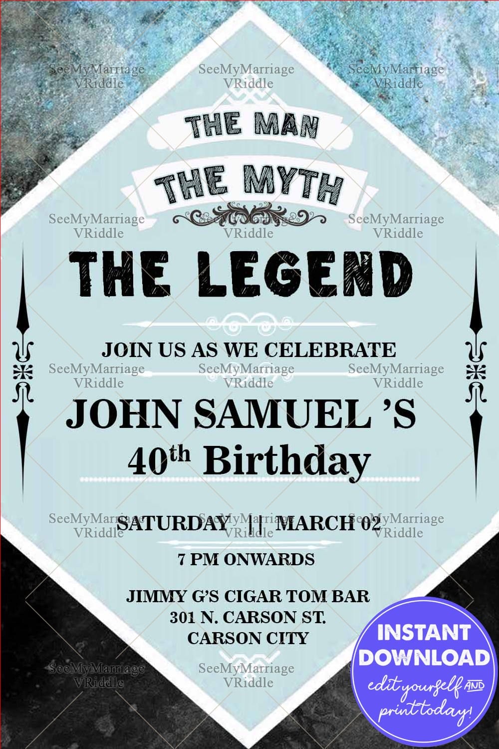 Blue Marbled 50th Birthday Invitation Card