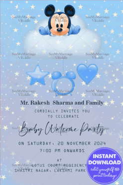 Blue Theme Baby Welcome Invitation Card Cloud Nine Micky