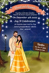 Blue Theme Wedding Invitation Card Caricature Under Tree