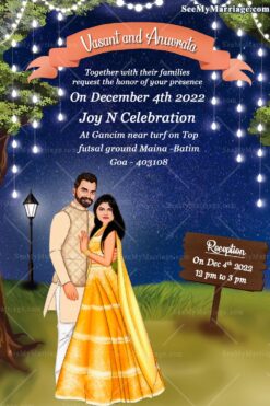 Blue Theme Wedding Invitation Card Caricature Under Tree