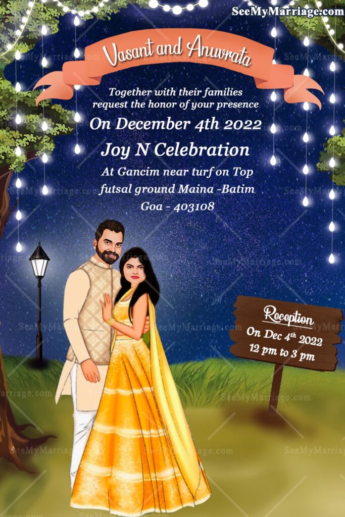 Blue Theme Wedding Invitation Card Caricature Under Tree