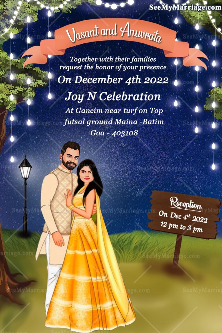 Blue Theme Wedding Invitation Card Caricature Under Tree
