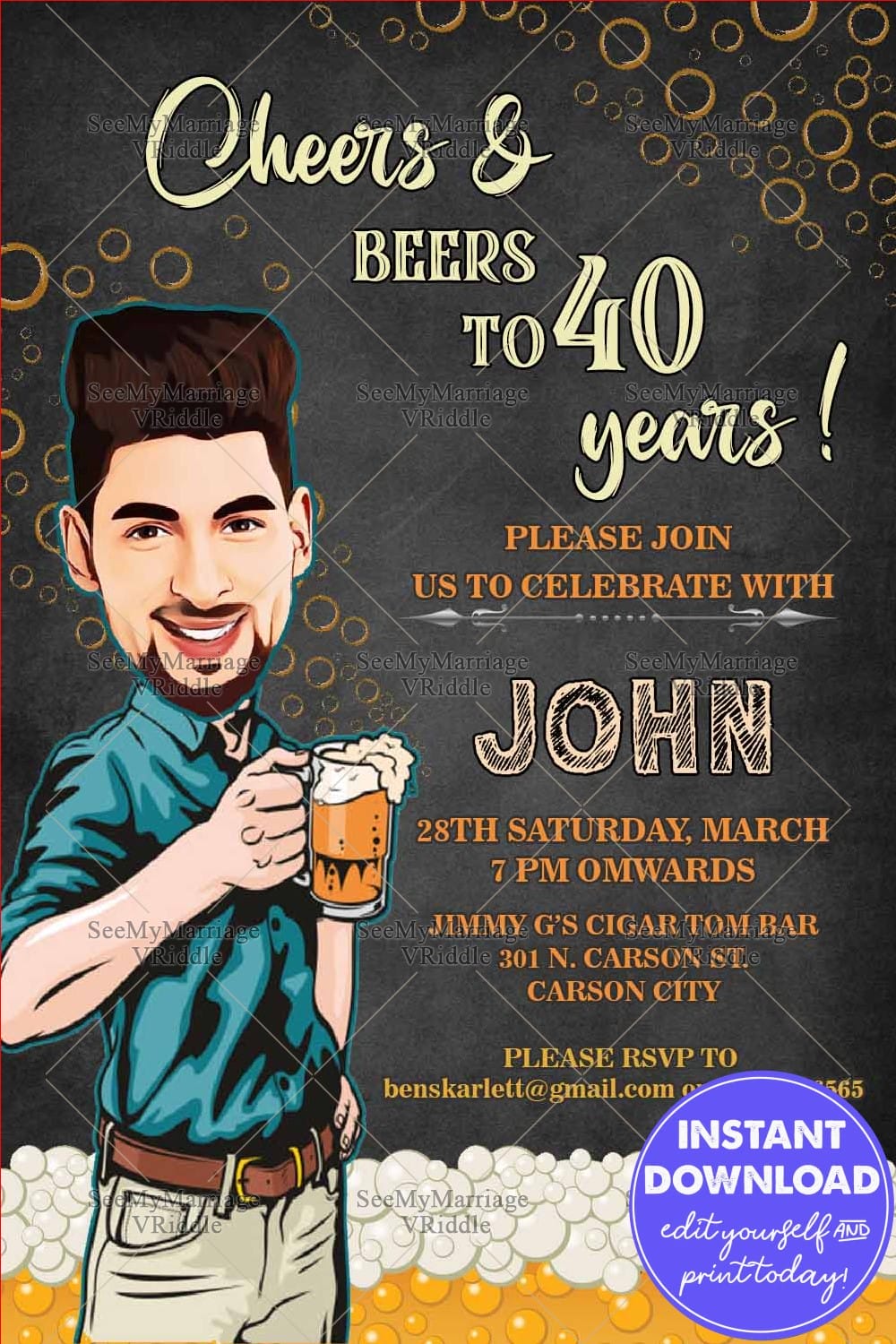 Caricature 40th Birthday Invitation Card Cheers To Life Theme