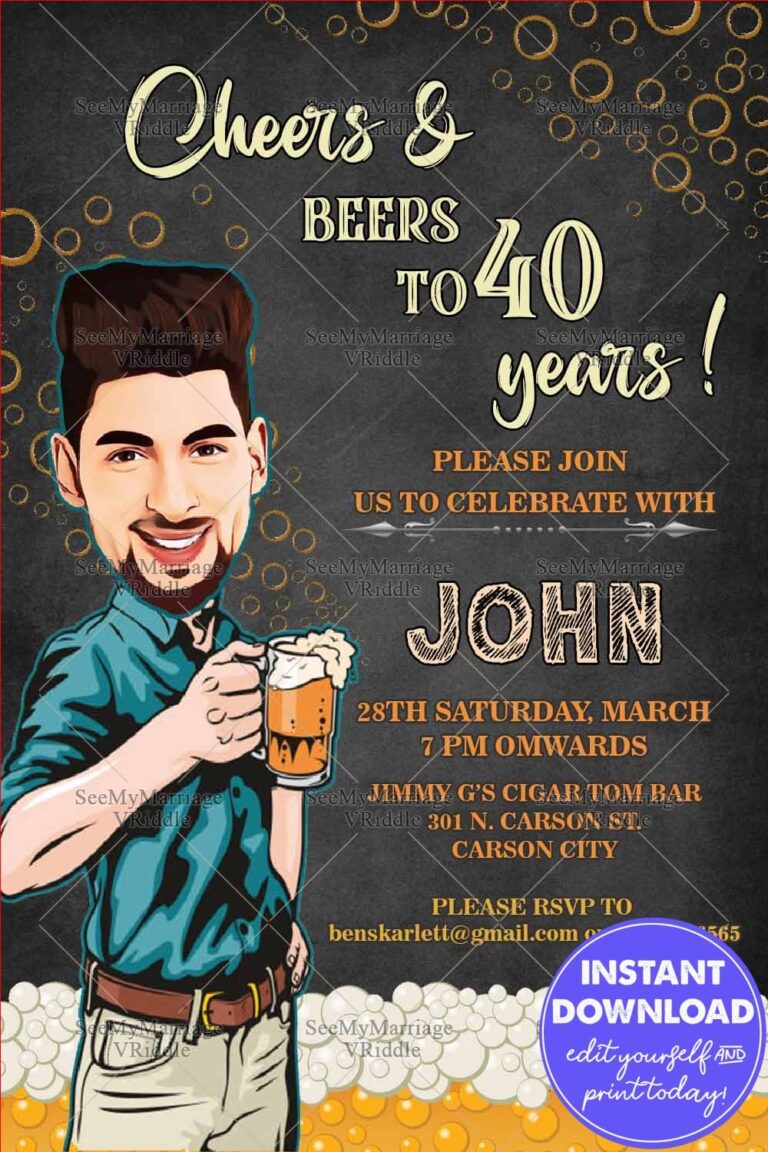 Caricature 40th Birthday Invitation Card Cheers To Life Theme