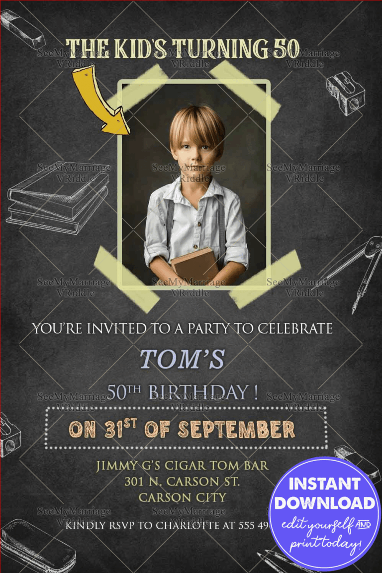 Chalk Board Theme 50th Birthday Invitation Card Young Boy Photo