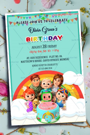 Coco Melon Family 1st Birthday Invitation Card Blue Theme