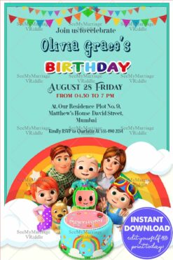 Coco Melon Family 1st Birthday Invitation Card Blue Theme