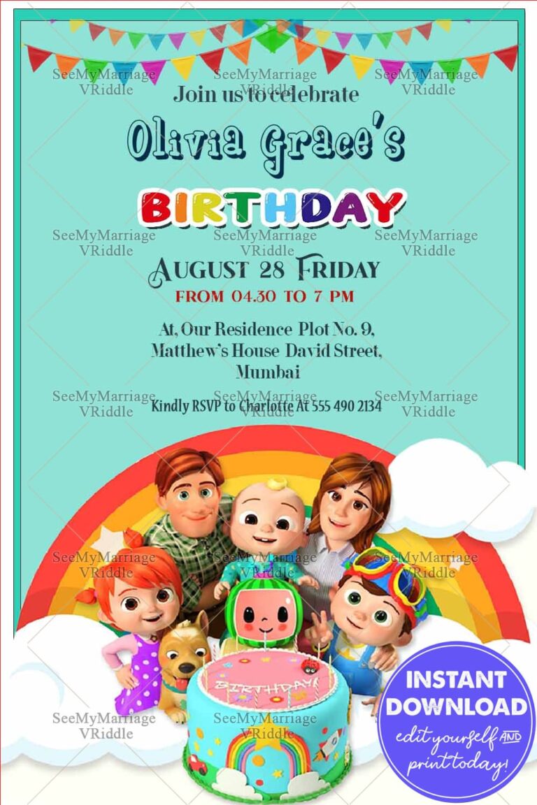Coco Melon Family 1st Birthday Invitation Card Blue Theme