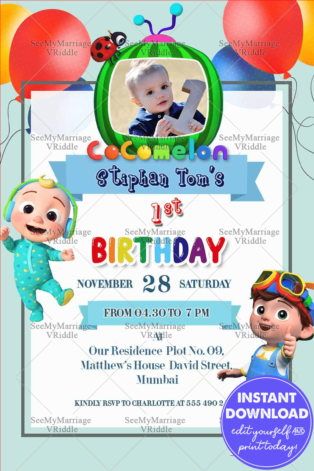 Coco Melon Theme 1st Birthday Invitation Card Baby Photo