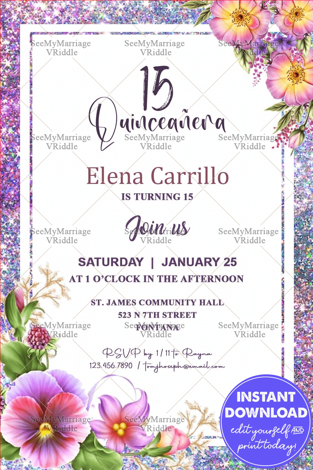 Floral Quinceañera Invitation Card Blue Glitter Border