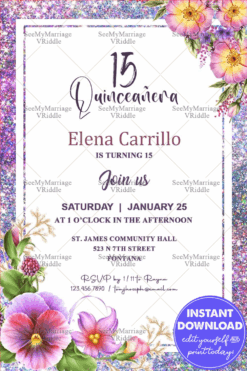 Floral Quinceañera Invitation Card Blue Glitter Border