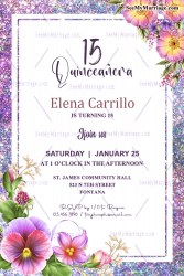 Floral Quinceañera Invitation Card Blue Glitter Border