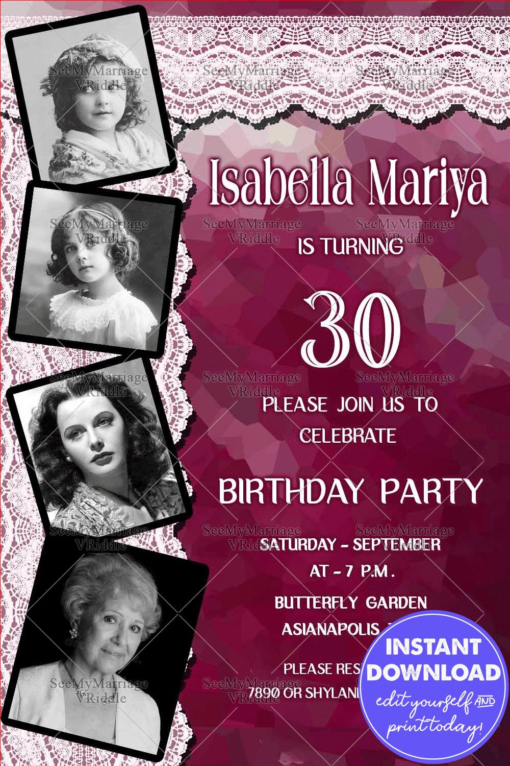 Magenta Theme 30th Birthday Invitation Lace Ribbon Photos