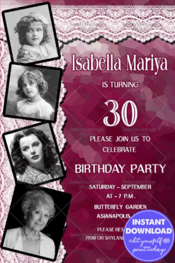 Magenta Theme 30th Birthday Invitation Lace Ribbon Photos