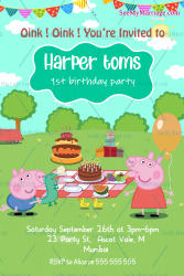 Peppa Pig Theme 1st Birthday Invitation Card Picnic Party