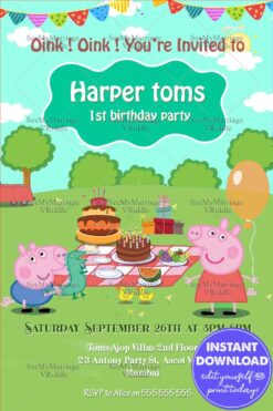 Peppa Pig Theme 1st Birthday Invitation Card Picnic Party