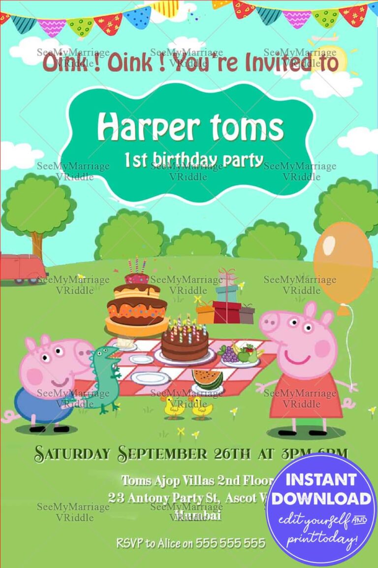 Peppa Pig Theme 1st Birthday Invitation Card Picnic Party