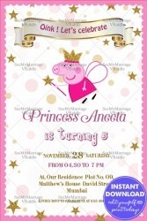 Peppa Pig Theme 1st Birthday Invitation Card Pink Princess