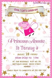 Peppa Pig Theme 1st Birthday Invitation Card Pink Princess