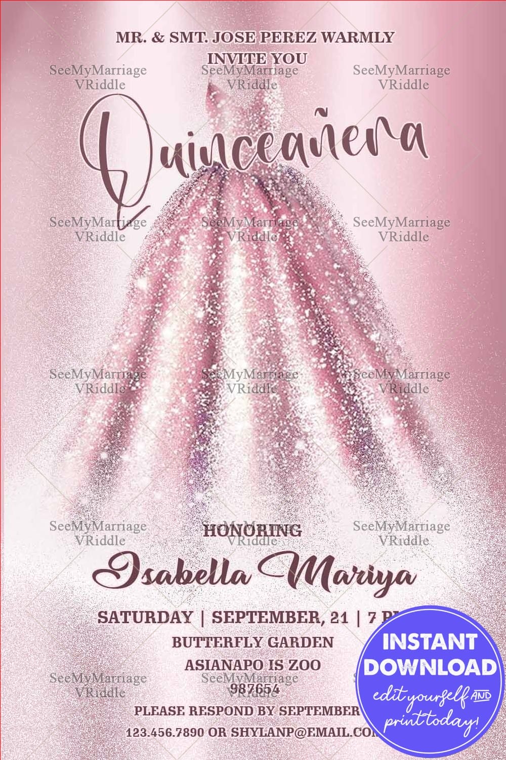 Pink Ball Gown Quinceañera Invitation Card