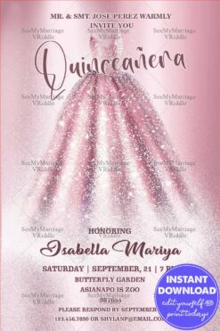 Pink Ball Gown Quinceañera Invitation Card