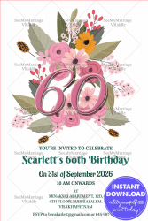 Pink Floral 60th Birthday Invitation Card