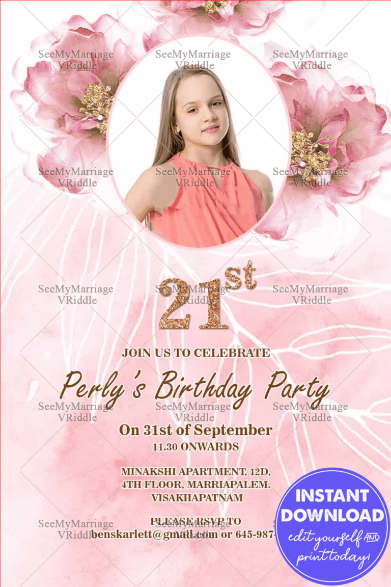 Pink Lady 21st Birthday Invitation Card Floral Theme