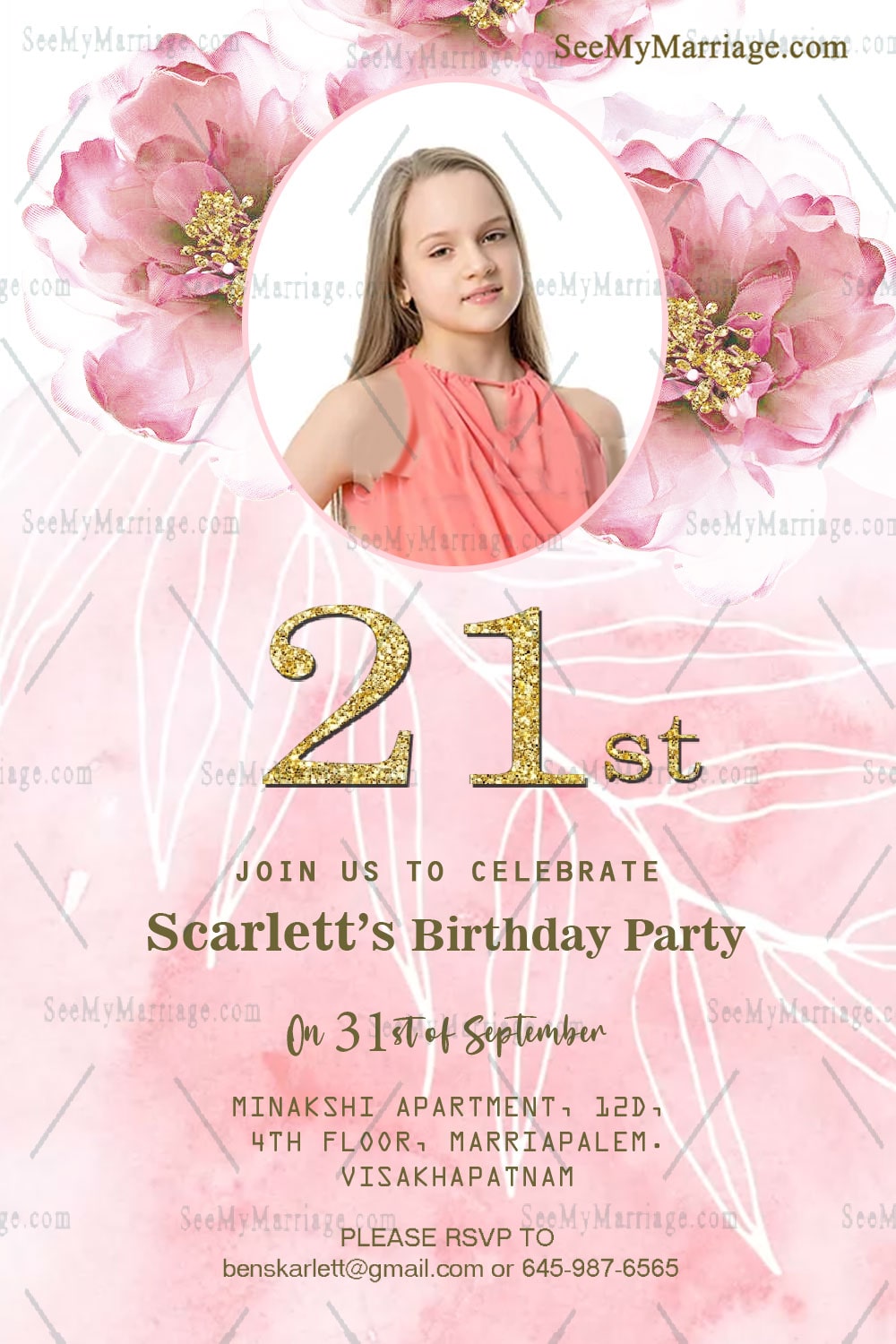 Pink Lady 21st Birthday Invitation Card Floral Theme – SeeMyMarriage