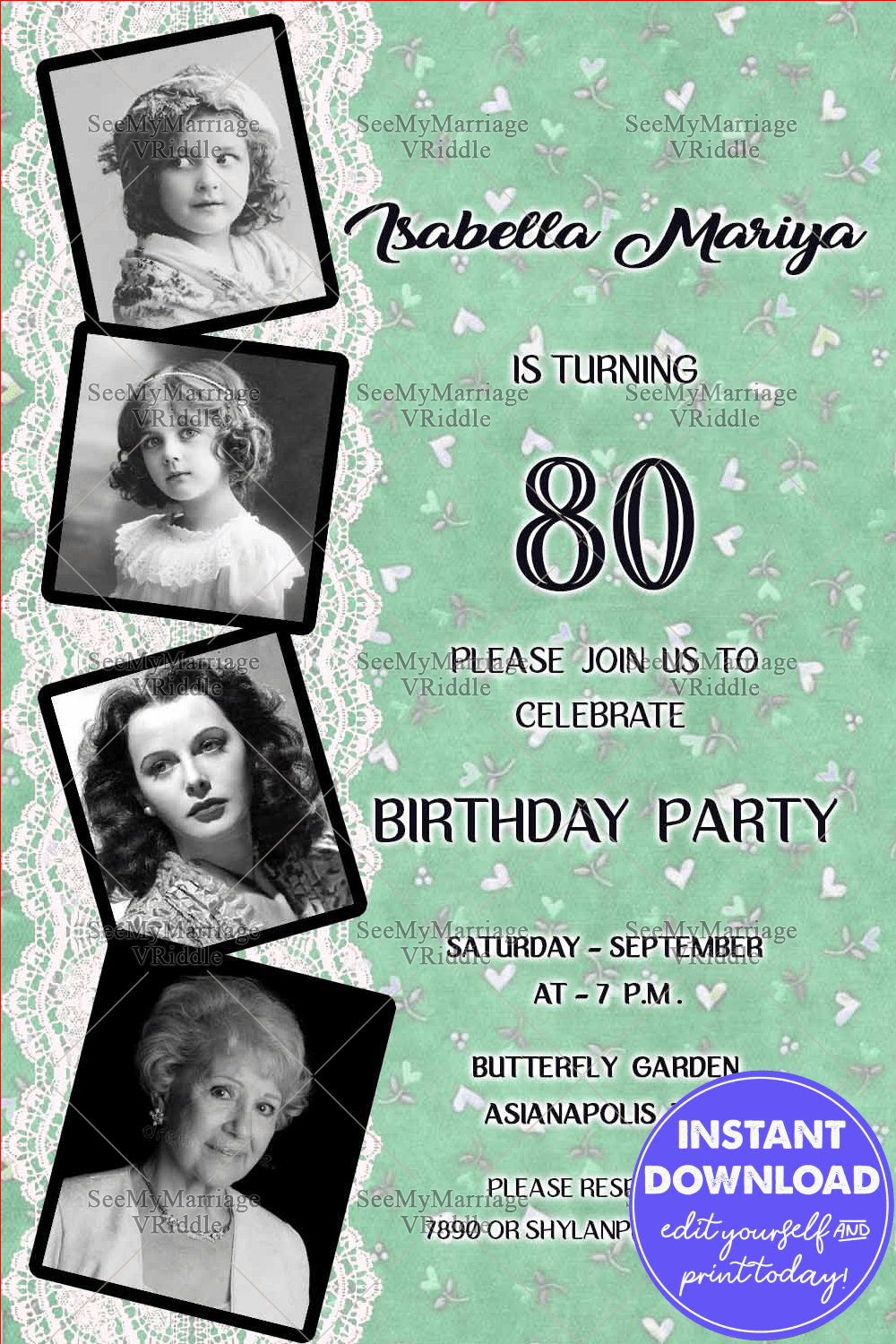 Pista Green Theme 80th Birthday Invitation Lace Ribbon Photos