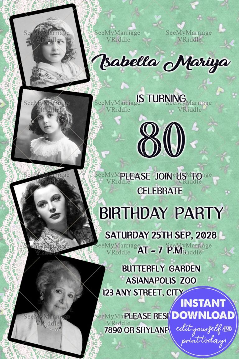 Pista Green Theme 80th Birthday Invitation Lace Ribbon Photos