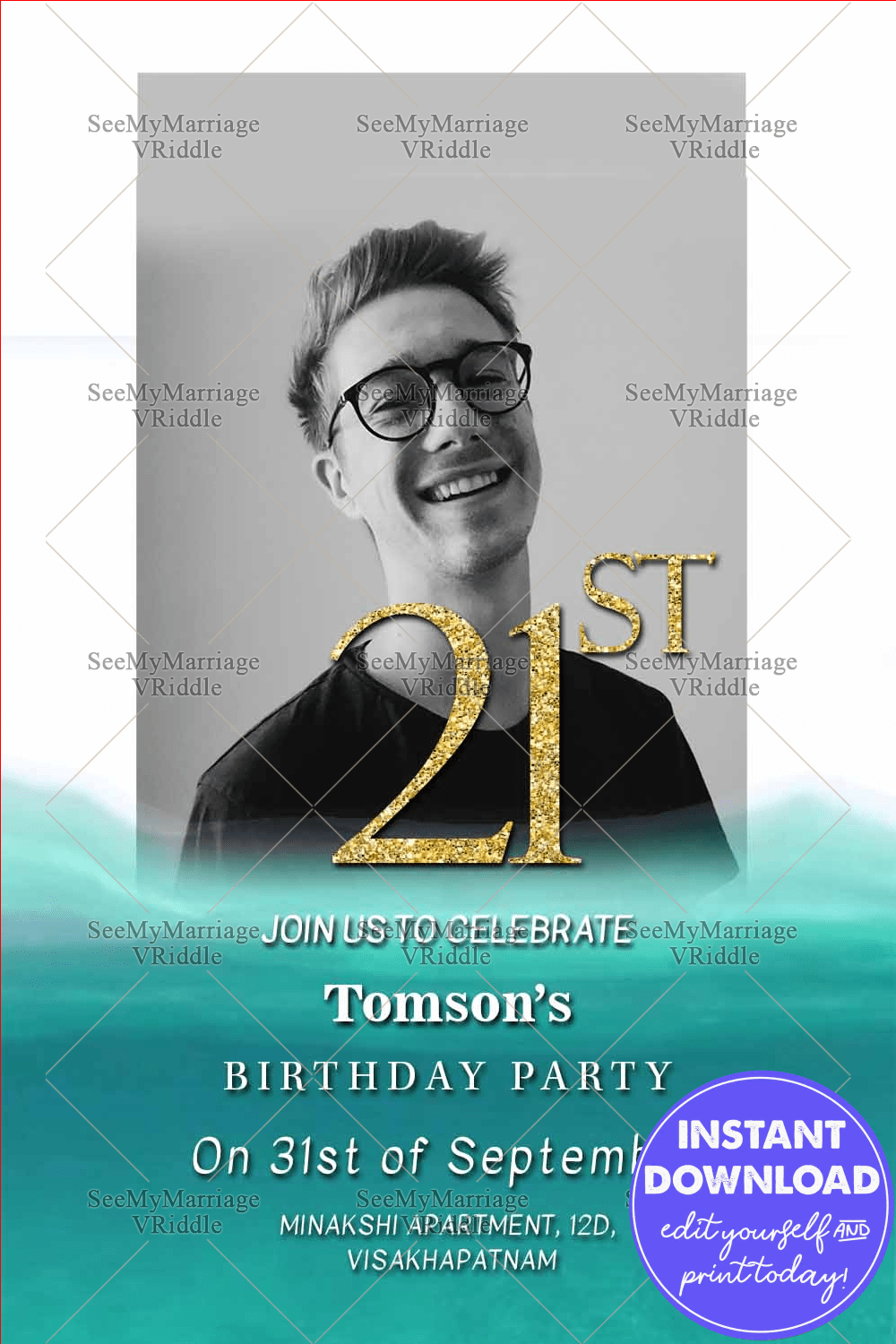 Sea Green Theme 21st Birthday Invitation Card Add A Photo
