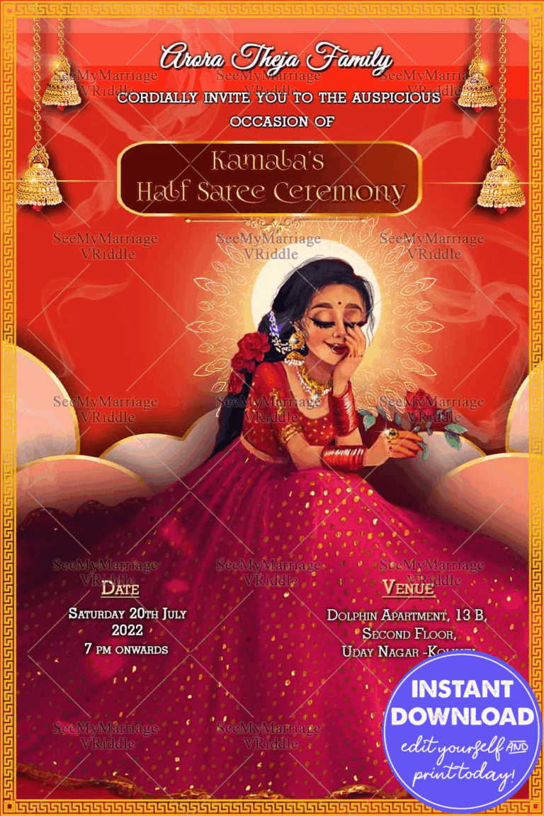 Shy Girl Half Saree Ceremony Invitation With Golden Hanging Bell In Red Theme