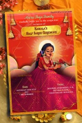 Shy Girl Half Saree Ceremony Invitation With Golden Hanging Bell In Red Theme