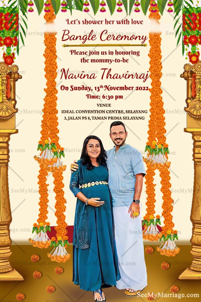 Traditional Theme Bangle Ceremony Invitation Card Parents To Be Caricature