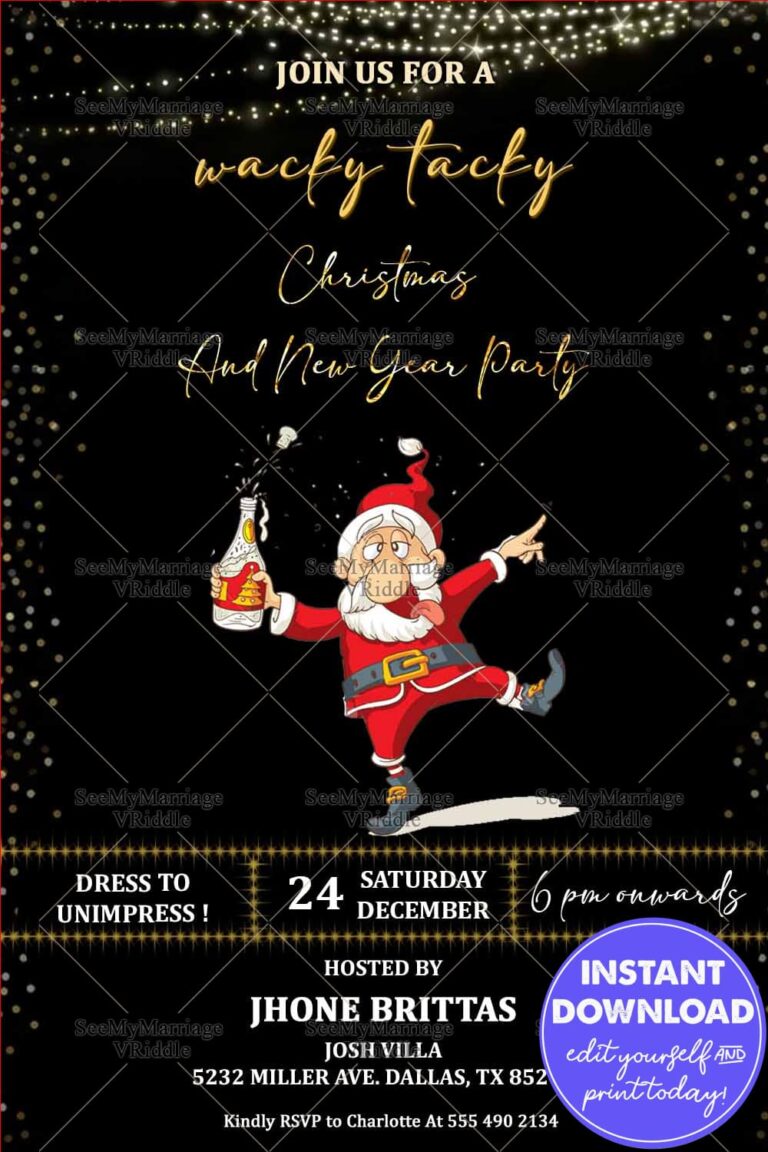 Black Theme Christmas And New Year Party Invitation Drinking Santa