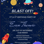 Blue Space Theme 5th Birthday Invitation Card