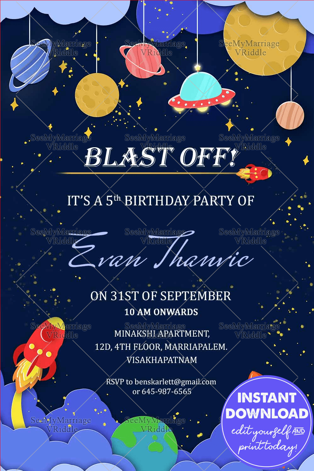 Blue Space Theme 5th Birthday Invitation Card
