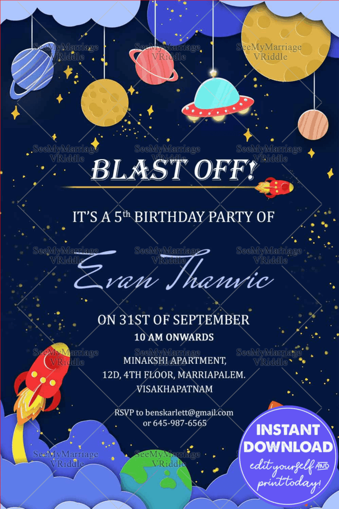 Blue Space Theme 5th Birthday Invitation Card