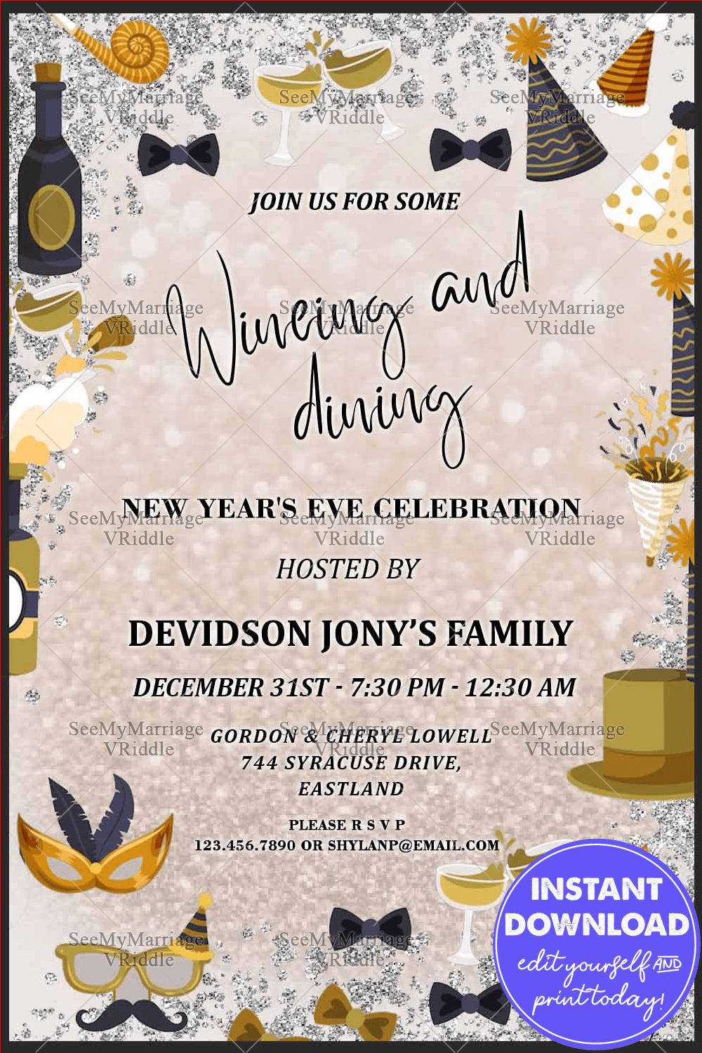 Classic New Year’s Eve Cocktail Party Invitation Card Cream Theme Silver Glitter