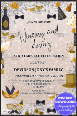Classic New Year's Eve Cocktail Party Invitation Card Cream Theme Silver Glitter