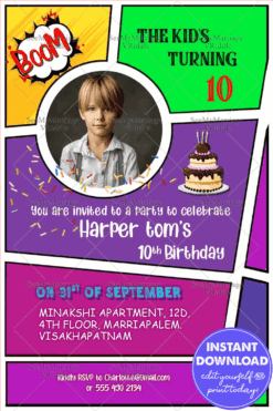 Comic Strip Style 10th Birthday Invitation Card