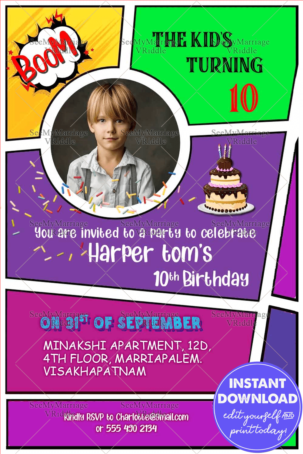 Comic Strip Style 10th Birthday Invitation Card