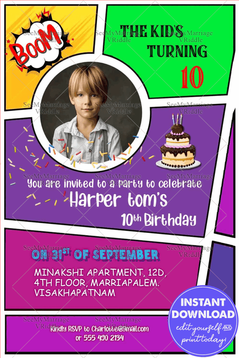 Comic Strip Style 10th Birthday Invitation Card