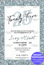 Elegant 25th Birthday Party Invitation Card Silver Glitter Frame