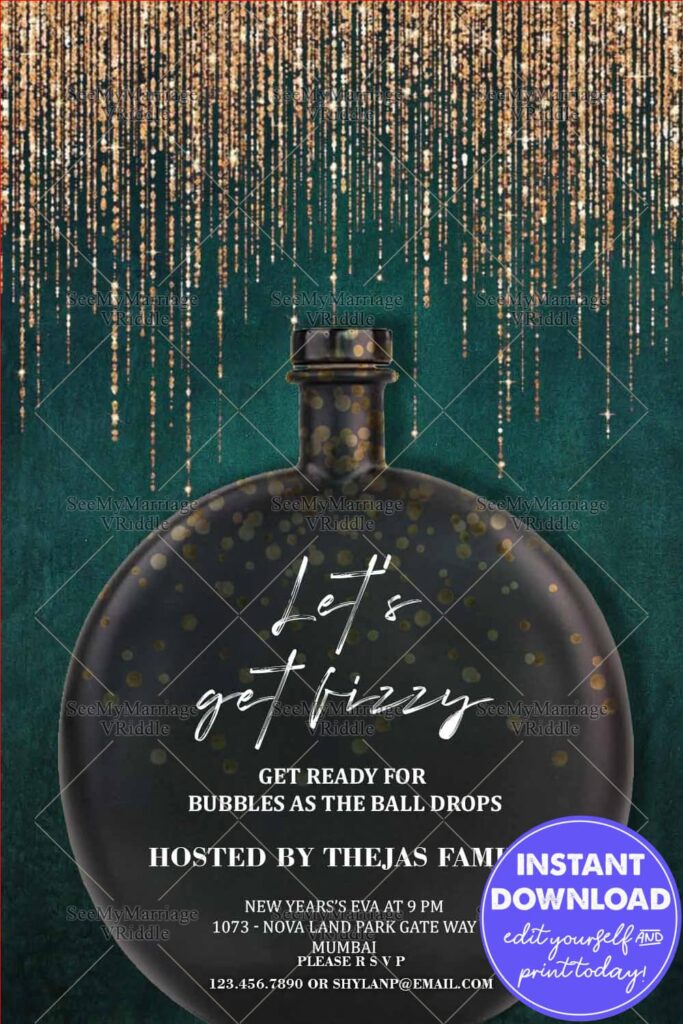 Emerald Green New Year's Eve Party Invitation Card Message On Bottle