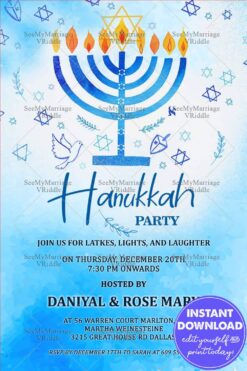 Festival of Lights: Blue Watercolor Theme Hanukkah Party Invitation