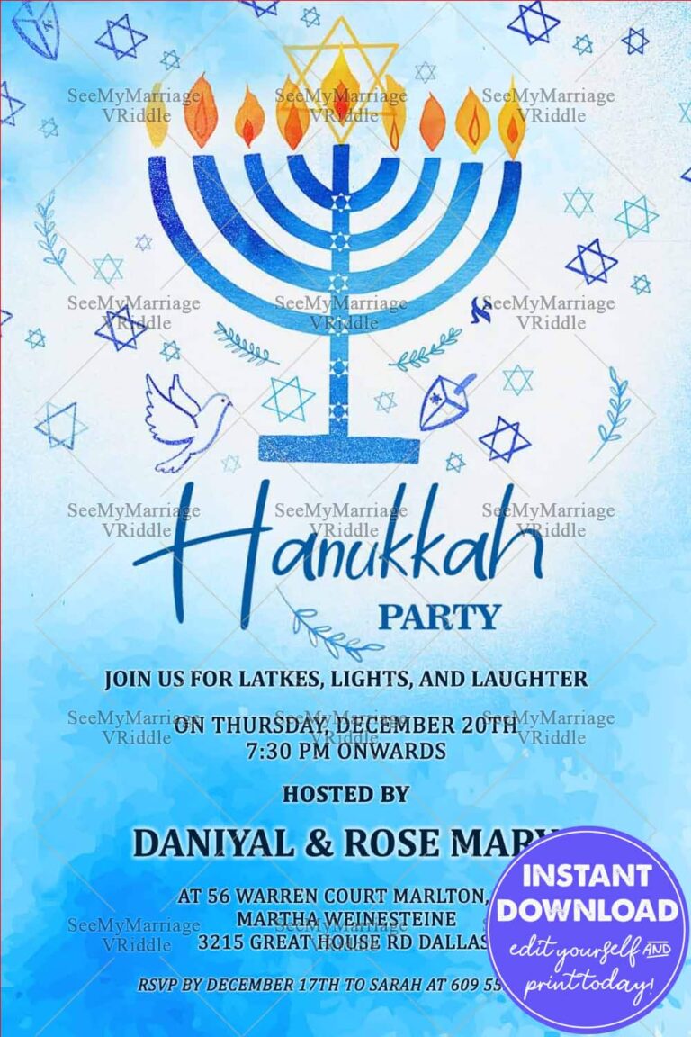Festival of Lights: Blue Watercolor Theme Hanukkah Party Invitation