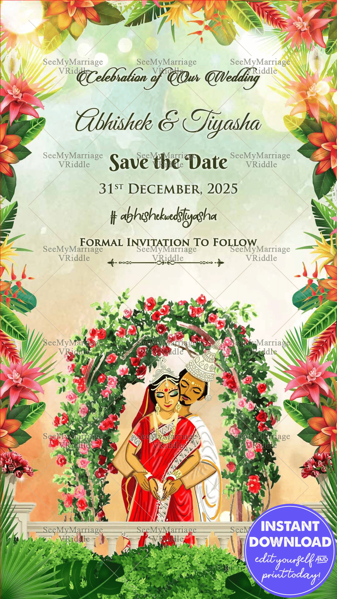 Funky Bengali Floral Save The Date Invitation Card Cartoon Couple
