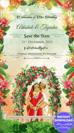 Funky Bengali Floral Save The Date Invitation Card Cartoon Couple