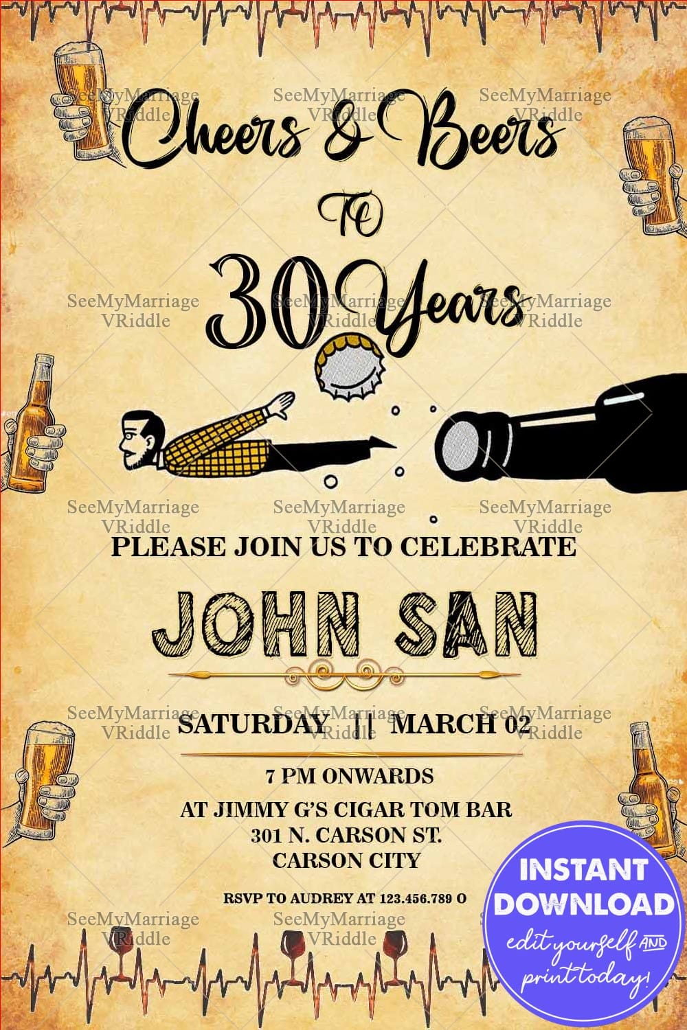 Funny 30th Birthday Invitation Card Drunk Man